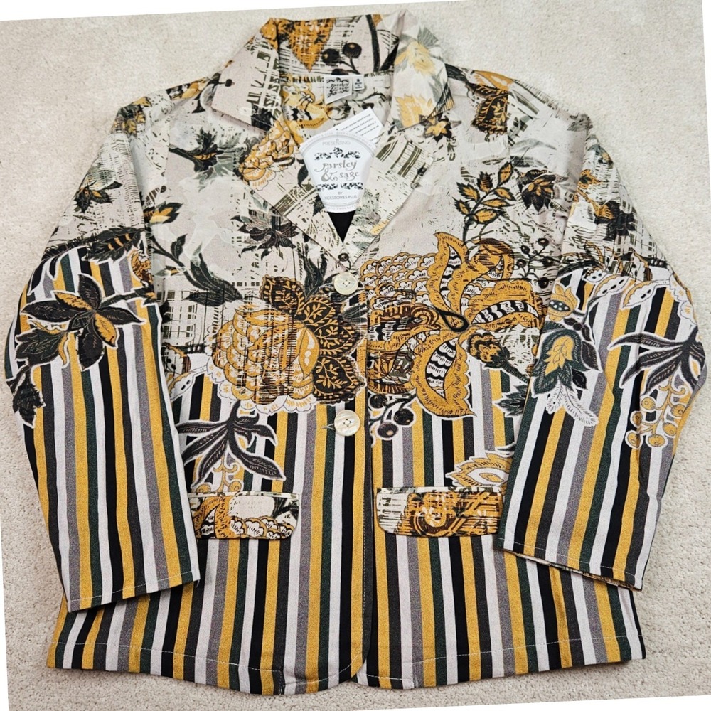 NWT's Womens S Boho Artsy Abstract Parsley & Sage Floral Striped Blazer Cotton